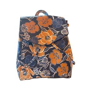 Jacklyn SmithFloral Print Faux Leather Drawstring Backpack Navy Orange Botanical